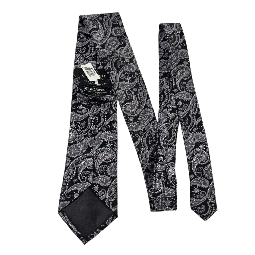 NWT Pronto Uomo Paisley Silk Tie Black Silver Stains Liquid‎ Repellent Hand Made